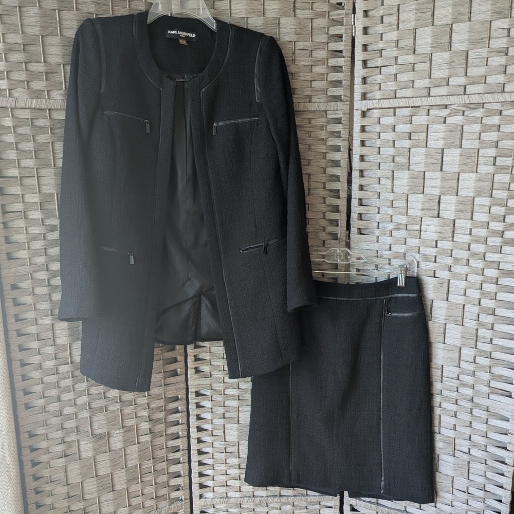 Karl Lagerfeld Skirt Suit Black Tweed Faux Leather Trim Sz 6 Designer Luxury